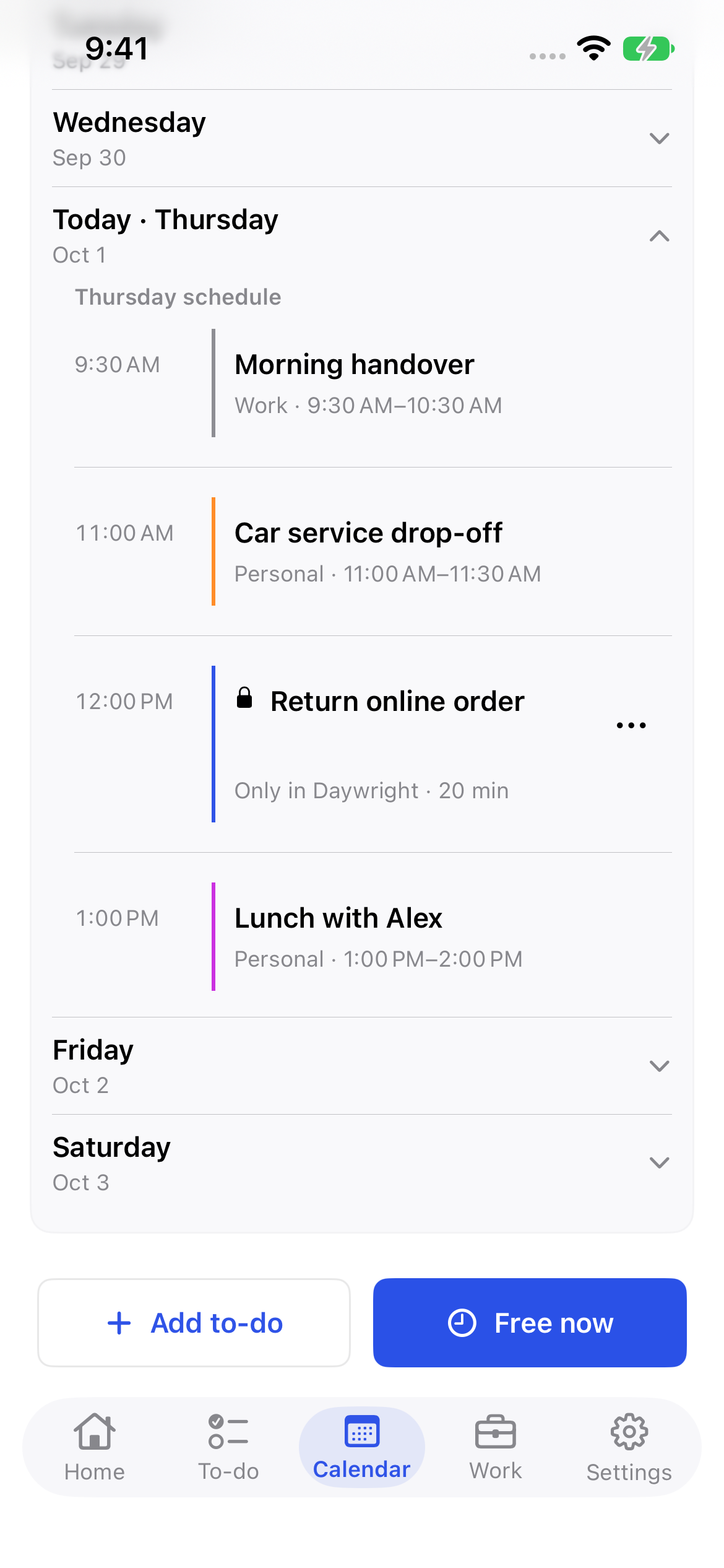 Daywright’s weekly calendar with example appointments and available time.